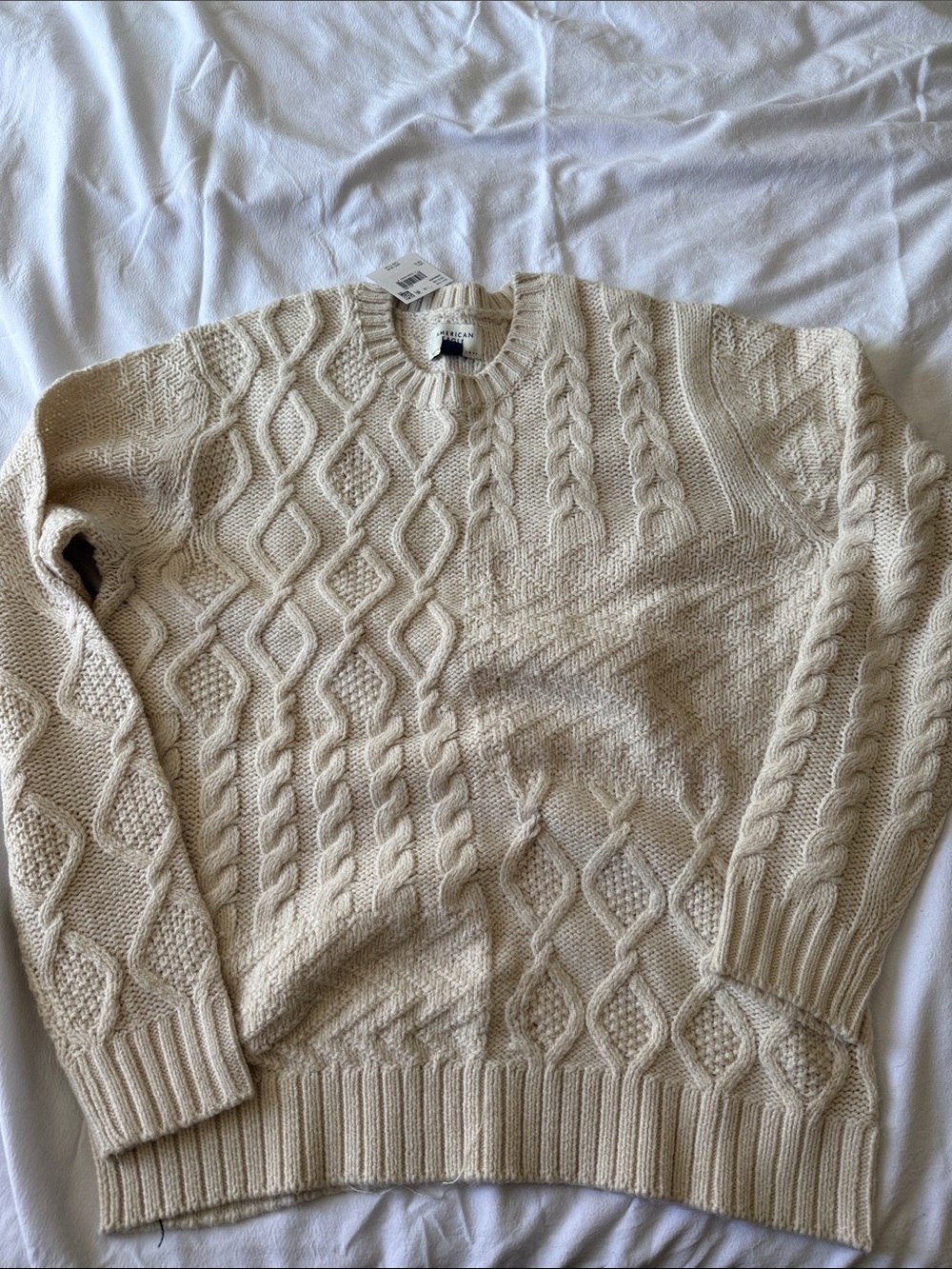 American Eagle Outfitters Cream Cable Knit Crewneck Sweater